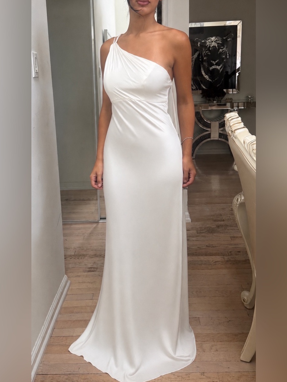 NWT Mac Duggal White One-Shoulder Satin Gown Size 0